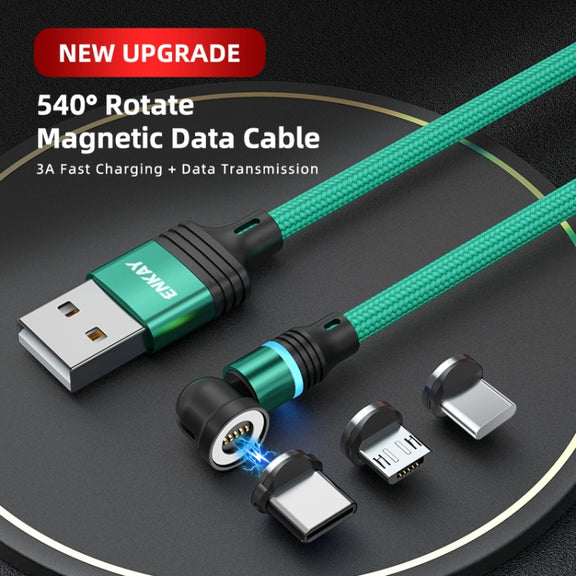 ENKAY 3 in 1 3A USB to Type-C / 8 Pin / Micro USB Magnetic 540 Degrees Rotating Fast Charging Cable, Length:2m(Green)