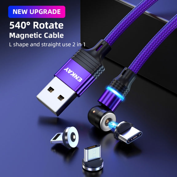 ENKAY 3 in 1 2.4A USB to Type-C / 8 Pin / Micro USB Magnetic 540 Degrees Rotating Charging Cable, Length:2m(Black)
