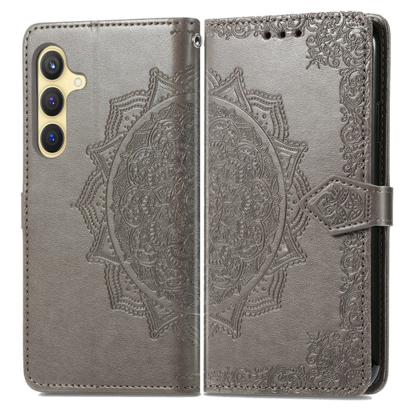 For Samsung Galaxy S25 5G Mandala Flower Embossed Leather Phone Case(Gray)
