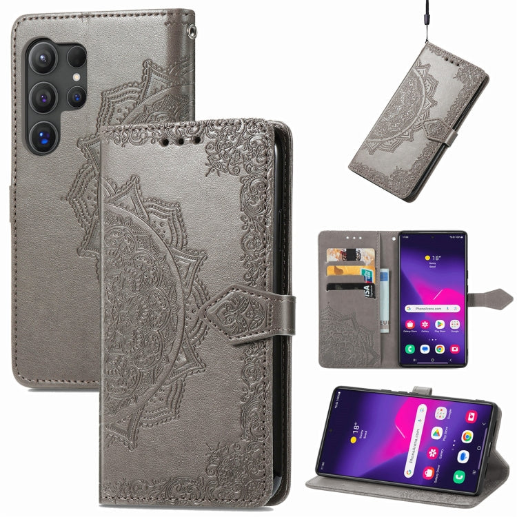 For Samsung Galaxy S25 Ultra 5G Mandala Flower Embossed Leather Phone Case(Gray)