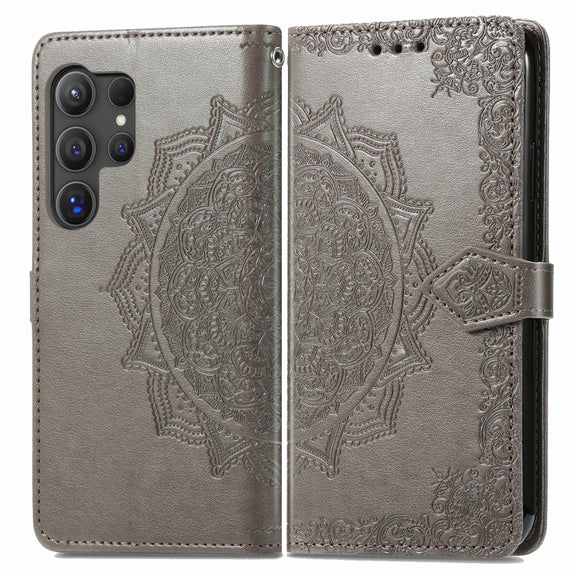 For Samsung Galaxy S25 Ultra 5G Mandala Flower Embossed Leather Phone Case(Gray)