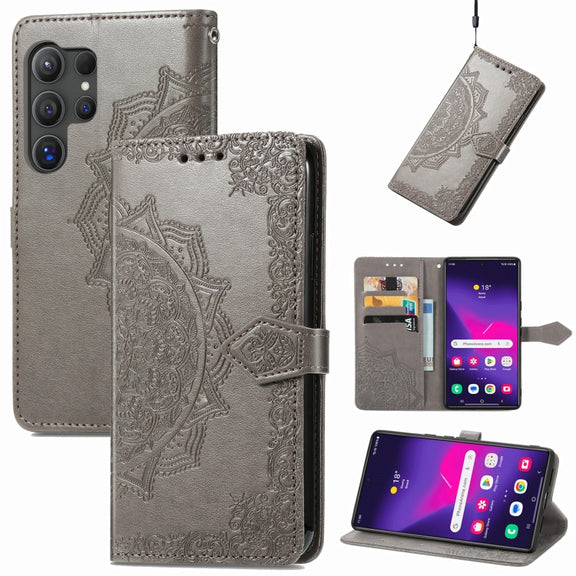 For Samsung Galaxy S25 Ultra 5G Mandala Flower Embossed Leather Phone Case(Gray)