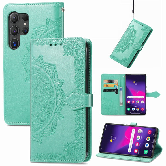 For Samsung Galaxy S25 Ultra 5G Mandala Flower Embossed Leather Phone Case(Green)