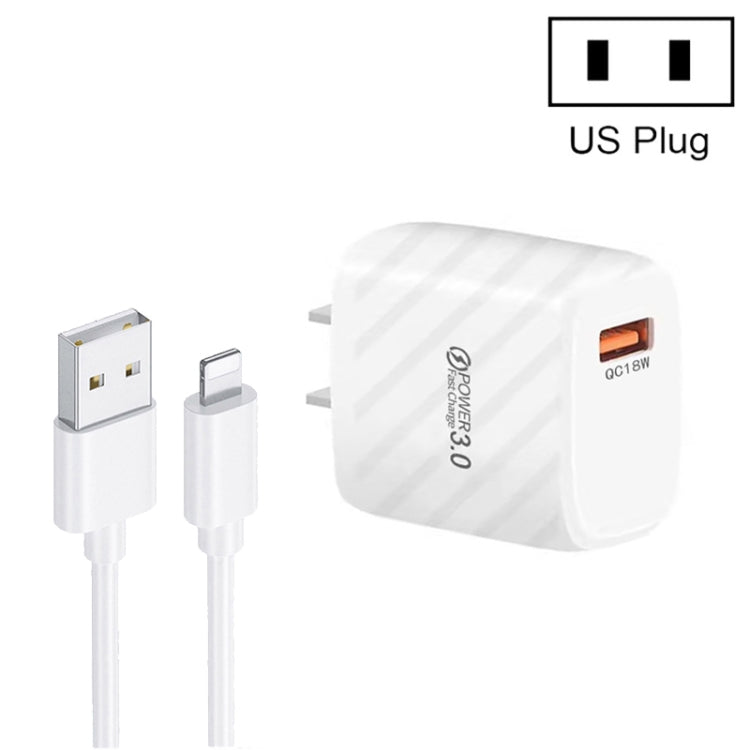 TE-005 QC3.0 18W USB Fast Charger with 1m 3A USB to 8 Pin Cable, US Plug(White)