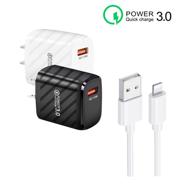 TE-005 QC3.0 18W USB Fast Charger with 1m 3A USB to 8 Pin Cable, US Plug(White)