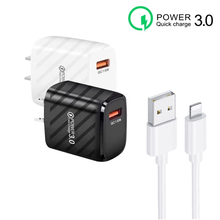 TE-005 QC3.0 18W USB Fast Charger with 1m 3A USB to 8 Pin Cable, US Plug(Black)