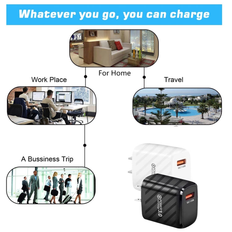 TE-005 QC3.0 18W USB Fast Charger with 1m 3A USB to 8 Pin Cable, US Plug(White)