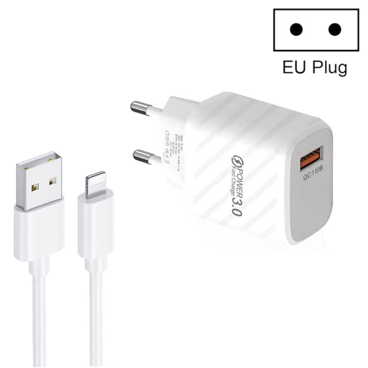 TE-005 QC3.0 18W USB Fast Charger with 1m 3A USB to 8 Pin Cable, EU Plug(White)