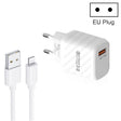 TE-005 QC3.0 18W USB Fast Charger with 1m 3A USB to 8 Pin Cable, EU Plug(White) - free shipping - PMC TechLife - Order now!