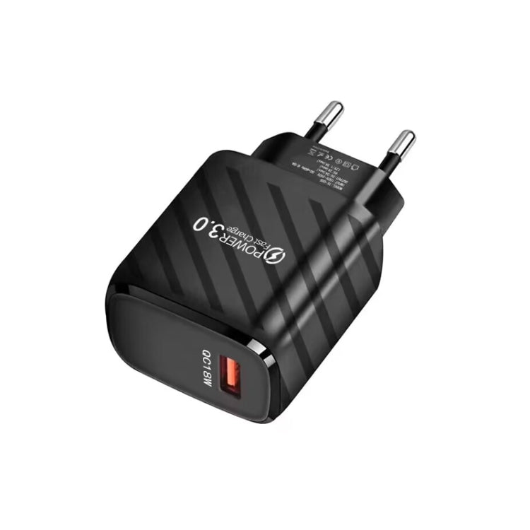 TE-005 QC3.0 18W USB Fast Charger with 1m 3A USB to 8 Pin Cable, EU Plug(Black)