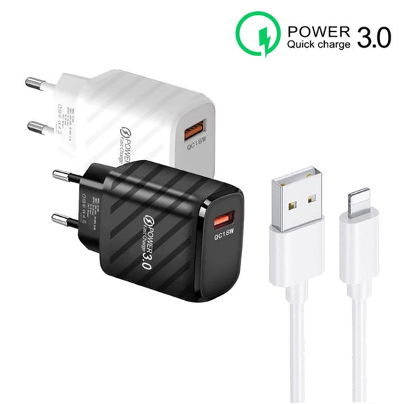 TE-005 QC3.0 18W USB Fast Charger with 1m 3A USB to 8 Pin Cable, EU Plug(White)