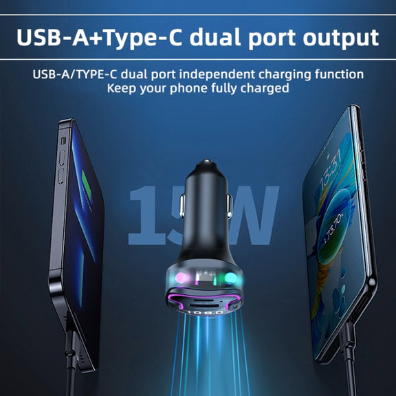 C49 With Type-C+USB Port FM Transmitter Car Bluetooth Adapter Ambient Light MP3 Music Player