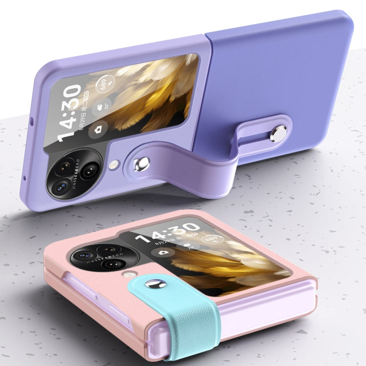 For OPPO Find N3 Flip Wrist-strap Plain Leather Phone Case(Pink)