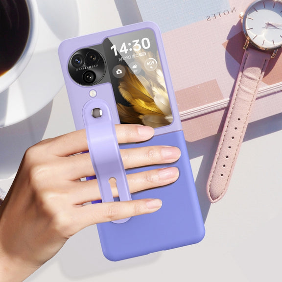 For OPPO Find N3 Flip Wrist-strap Plain Leather Phone Case(Pink)