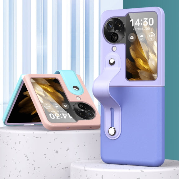 For OPPO Find N3 Flip Wrist-strap Plain Leather Phone Case(Pink)