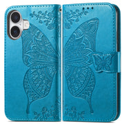 For iPhone 16 Butterfly Love Flower Embossed Leather Phone Case(Blue)