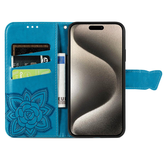 For iPhone 16 Butterfly Love Flower Embossed Leather Phone Case(Blue)
