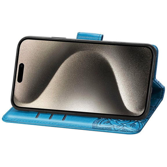For iPhone 16 Butterfly Love Flower Embossed Leather Phone Case(Blue)