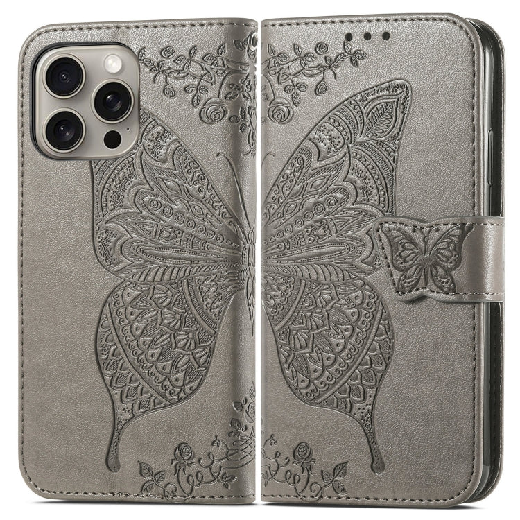 For iPhone 16 Pro Butterfly Love Flower Embossed Leather Phone Case(Gray)