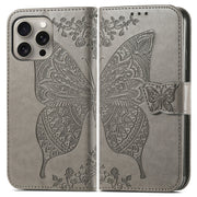 For iPhone 16 Pro Butterfly Love Flower Embossed Leather Phone Case(Gray)