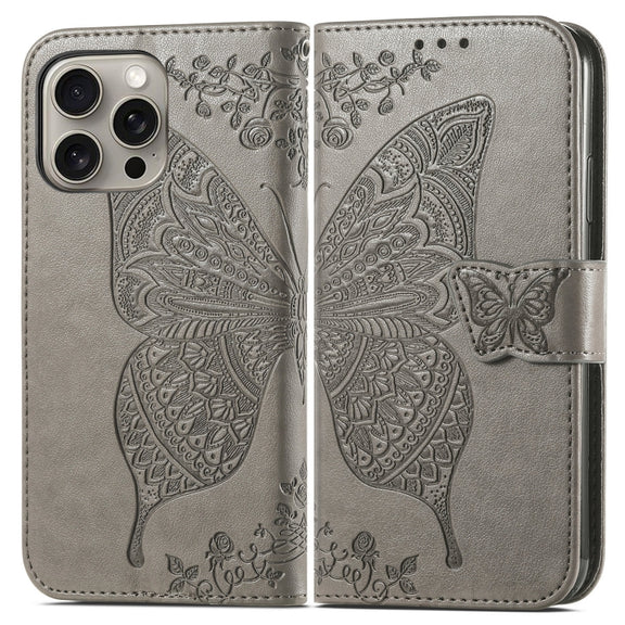 For iPhone 16 Pro Butterfly Love Flower Embossed Leather Phone Case(Gray)