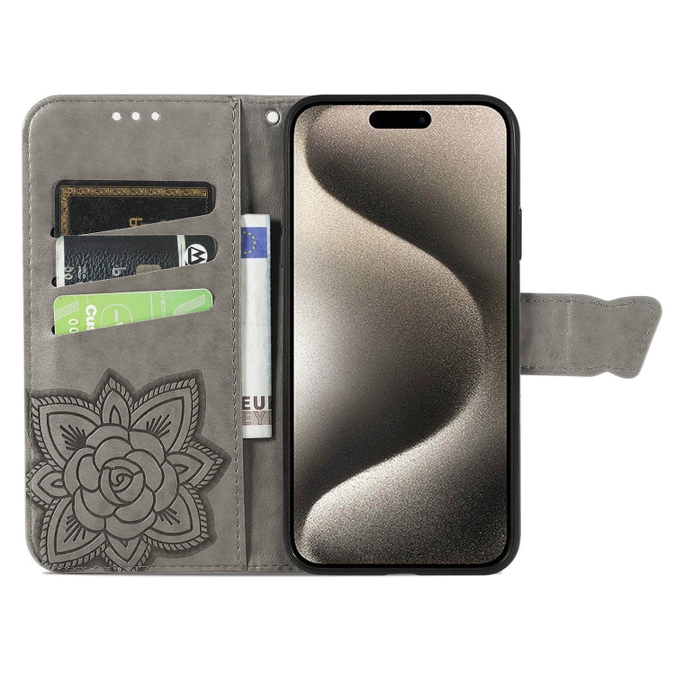 For iPhone 16 Pro Butterfly Love Flower Embossed Leather Phone Case(Gray)