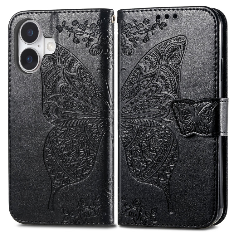 For iPhone 16 Plus Butterfly Love Flower Embossed Leather Phone Case(Black)