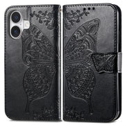 For iPhone 16 Plus Butterfly Love Flower Embossed Leather Phone Case(Black)