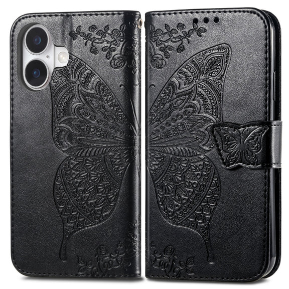 For iPhone 16 Plus Butterfly Love Flower Embossed Leather Phone Case(Black)