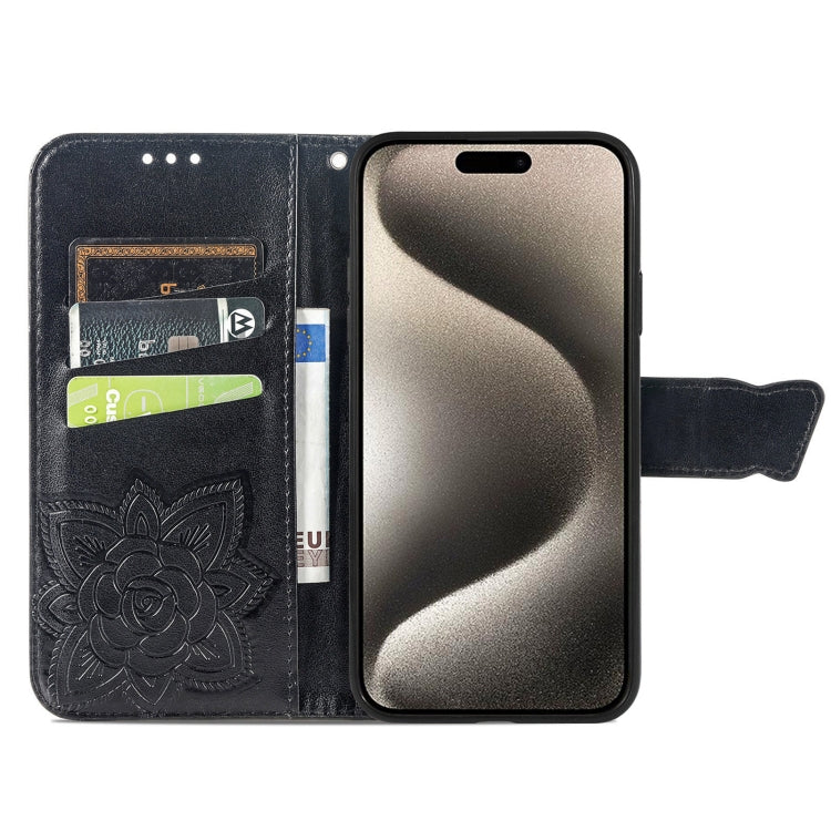 For iPhone 16 Plus Butterfly Love Flower Embossed Leather Phone Case(Black)