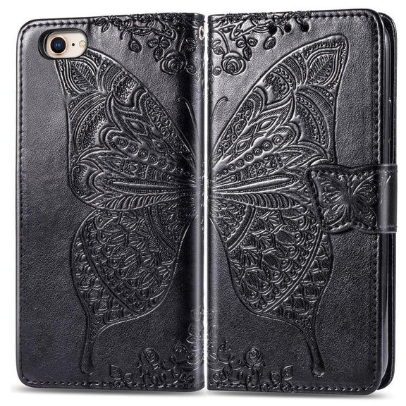 For iPhone 16e Butterfly Love Flower Embossed Leather Phone Case(Black)