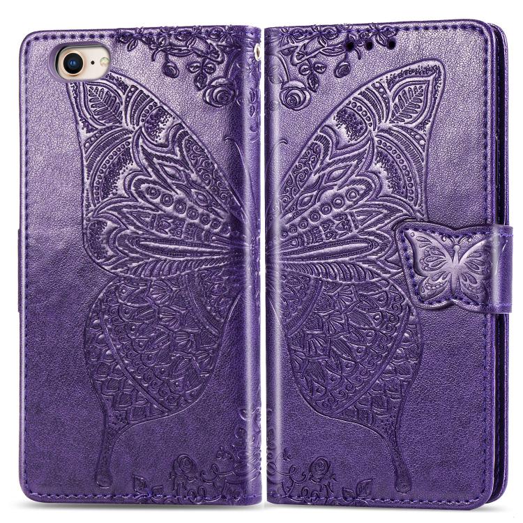 For iPhone 16e Butterfly Love Flower Embossed Leather Phone Case(Purple)
