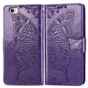 For iPhone 16e Butterfly Love Flower Embossed Leather Phone Case(Purple)