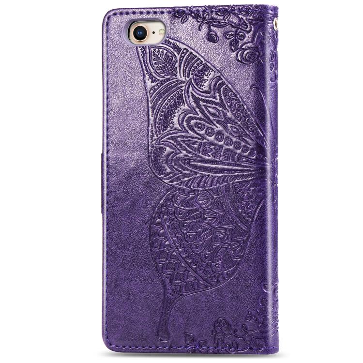 For iPhone 16e Butterfly Love Flower Embossed Leather Phone Case(Purple)