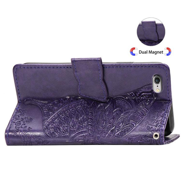 For iPhone 16e Butterfly Love Flower Embossed Leather Phone Case(Purple)