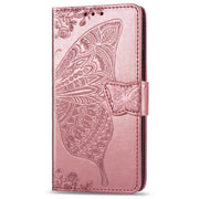 For iPhone 16e Butterfly Love Flower Embossed Leather Phone Case(Rose Gold)