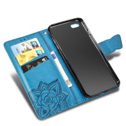 For iPhone 16e Butterfly Love Flower Embossed Leather Phone Case(Blue)