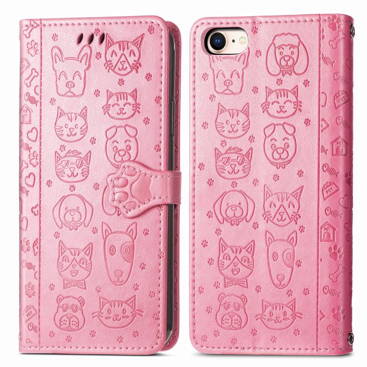 For iPhone 16e Cat and Dog Embossed Leather Phone Case(Pink)