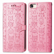 For iPhone 16e Cat and Dog Embossed Leather Phone Case(Pink)