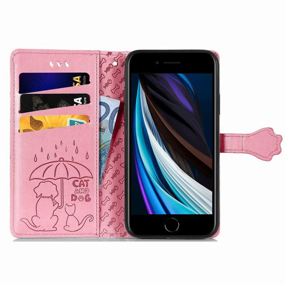 For iPhone 16e Cat and Dog Embossed Leather Phone Case(Pink)