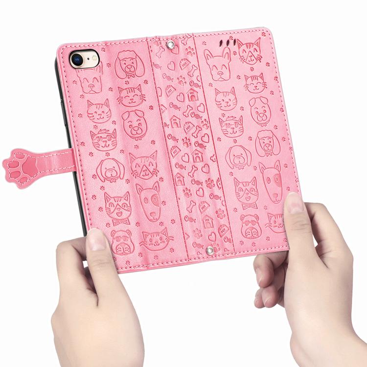 For iPhone 16e Cat and Dog Embossed Leather Phone Case(Pink)