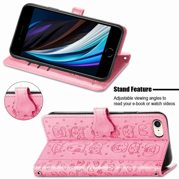 For iPhone 16e Cat and Dog Embossed Leather Phone Case(Pink)