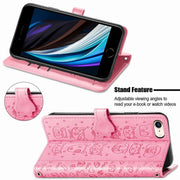 For iPhone 16e Cat and Dog Embossed Leather Phone Case(Pink)