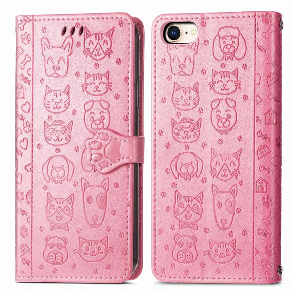 For iPhone 16e Cat and Dog Embossed Leather Phone Case(Pink)