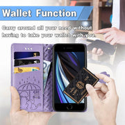 For iPhone 16e Cat and Dog Embossed Leather Phone Case(Purple)