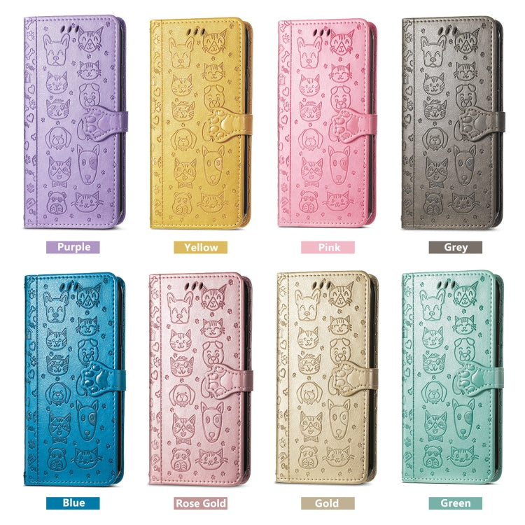 For iPhone 16e Cat and Dog Embossed Leather Phone Case(Purple)