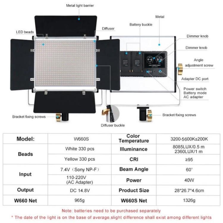 VLOGLITE W660S For Video Film Recording 3200-5600K Lighting LED Video Light with Tripod, Plug:EU Plug