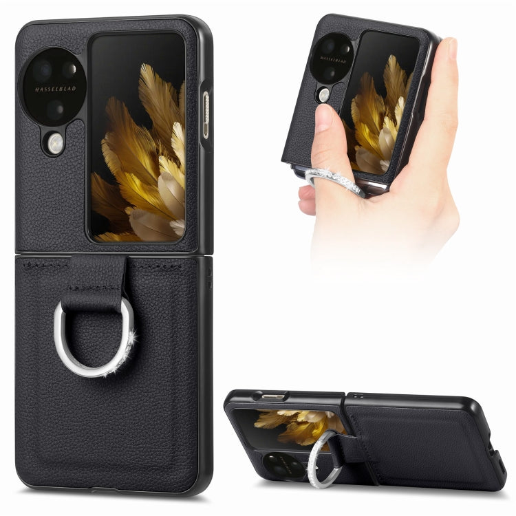 For OPPO Find N3 Flip Litchi PU Diamond-encrusted Ring Phone Case(Black)