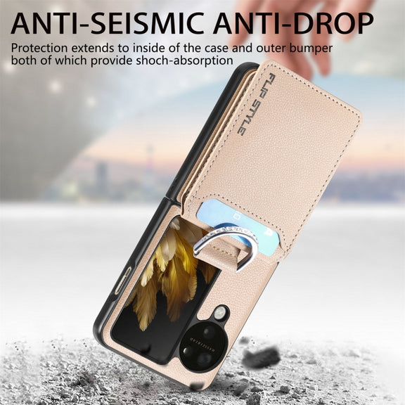 For OPPO Find N3 Flip Litchi PU Ring Holder Wallet Phone Case(Khaki)