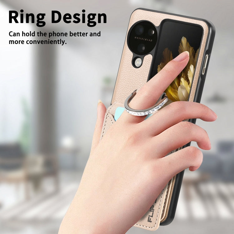 For OPPO Find N3 Flip Litchi PU Ring Holder Wallet Phone Case(Khaki)